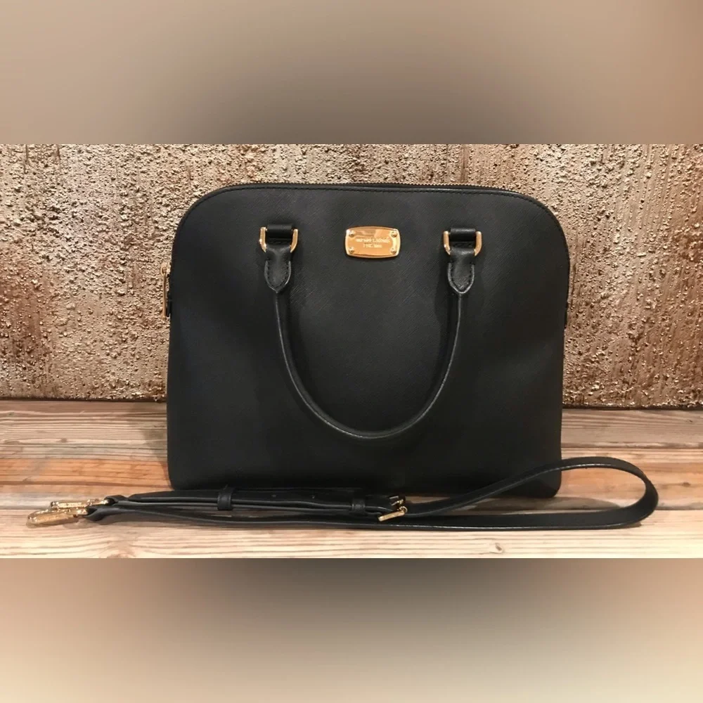 MICHAEL KORS Cindy Large Leather Dome Satchel Black Handbag/Crossbody W/Gold - Picture 3 of 17